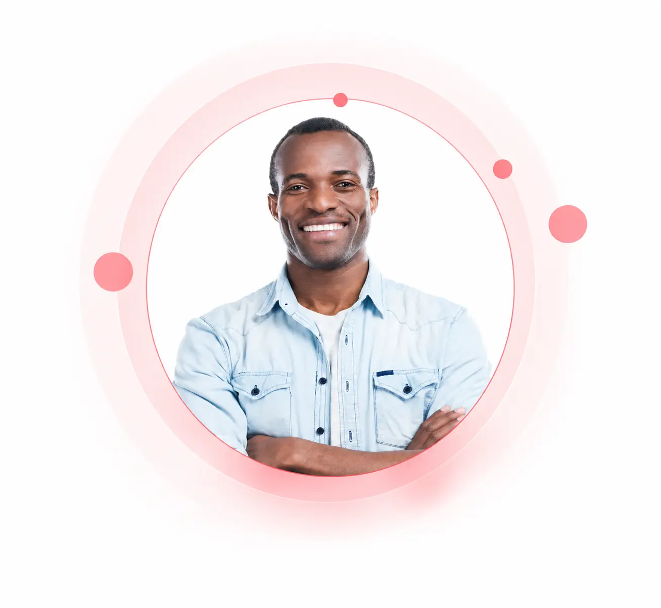 Smiling man framed by pink circular graphics